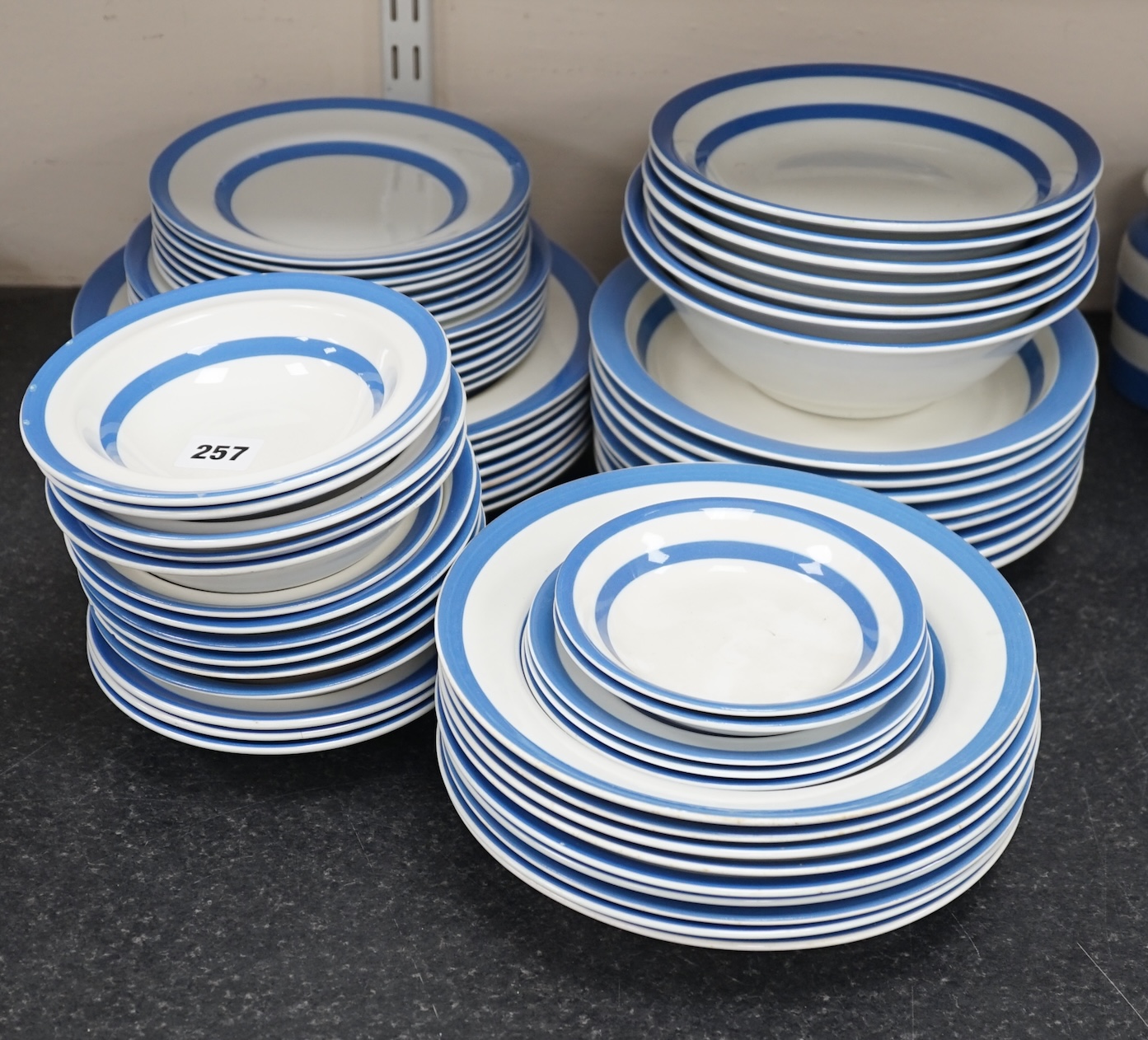 T.G.Green Cornish Kitchenware, a collection of approximately sixty assorted plates, bowls and dishes, largest 26cm diameter, Green Shield marks. Condition - fair to good